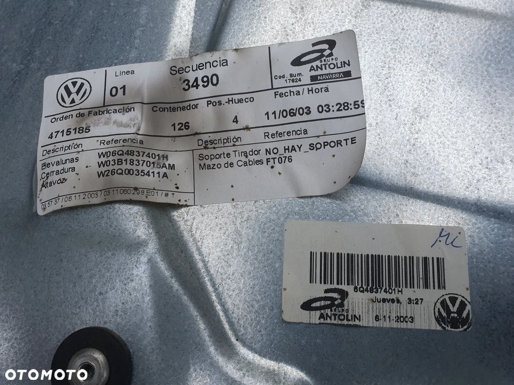 PODNOŚNIK SZYBY LEWY PRZÓD EU 6Q4837401H VW POLO 4 IV 9N 5D HB 01-05 - 3