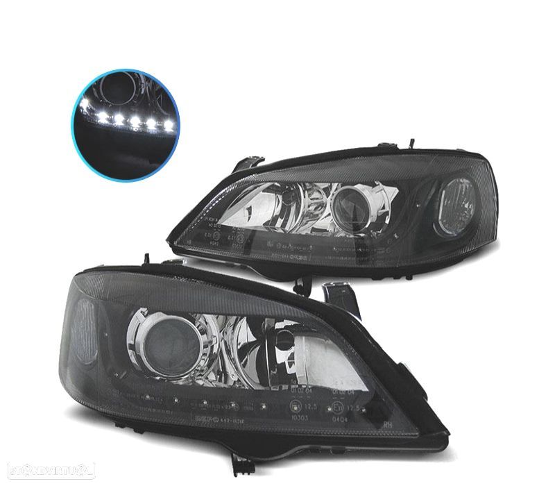 FARÓIS FRONTAIS LUZ DIURNA LED PARA OPEL ASTRA G FUNDO PRETO - 1