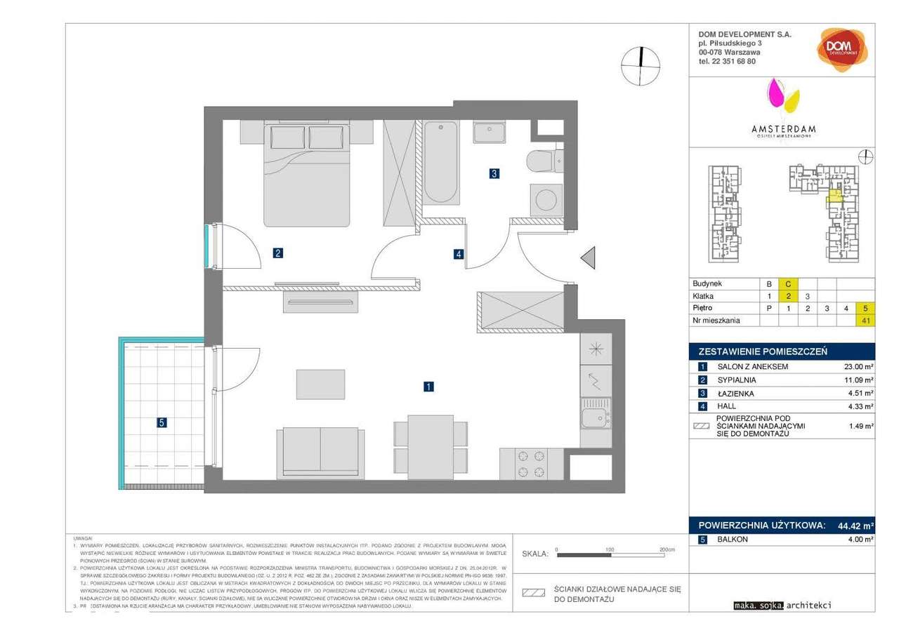 2 pokoje/44,42m2/Targówek/Osiedle Amsterdam/Metro/Balkon/5 Piętro