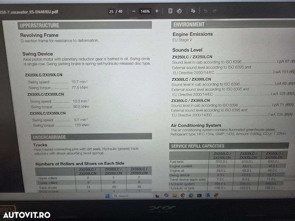 Hitachi ZX250-7, 27,6t, 2020, 6.815h, latime 2,99m, cupa NOUA 1,55mc, lant si papuci NOI, inst picon si inst rotire pe brate, camera spate, camere laterale, gresare automata, ad sapare 7m, ridica 15t, consum 13,1l/h, revizii facute, leasing 4ani-99.000 Eur+t - 36