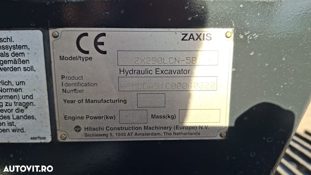 Hitachi ZX290LCN, 30 tone, 2014, 9.152h, latime 2,99m, 3 brate excavare, inst picon, inst rotire, gresare automata, Cupla rapida hidr, cupa 1,8mc, senile 80% ok, ad sapare 7m, bolt diam 90mm, 3 pompe hidr HITACHI, STARE BUNA-PROMOTIE 66.900 EUR+Tva - 39