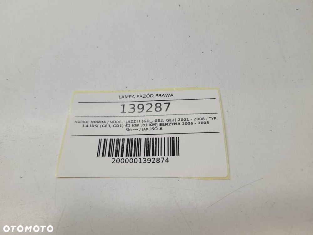 LAMPA PRZÓD PRAWA HONDA JAZZ II EUROPA 2005 - 9