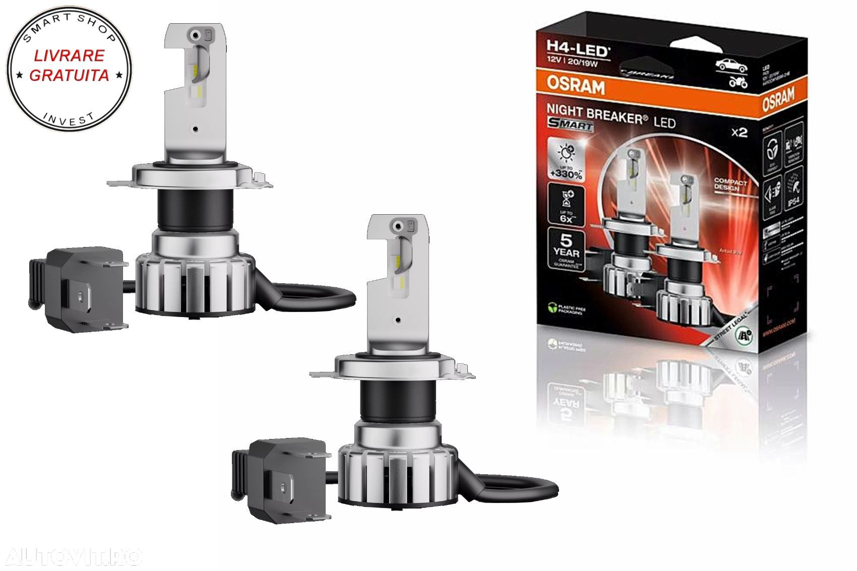 OSRAM NIGHT BREAKER LED SMART H4 64193DWNBSM-2HB20 Set 2 Becuri Auto Moto Omologar- livrare gratuita - 1