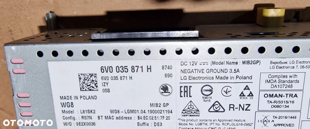 RADIO WYŚWIETLACZ RADIOODTWARZACZ 6V0035871H SKODA FABIA III - 6