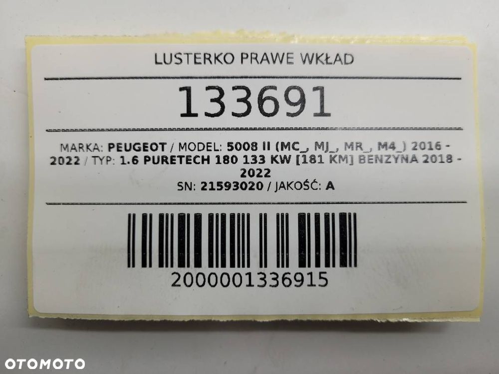 WKŁAD LUSTERKA PRAWY 21593020 PEUGEOT 5008 II 2019 EUROPA BLIS - 7