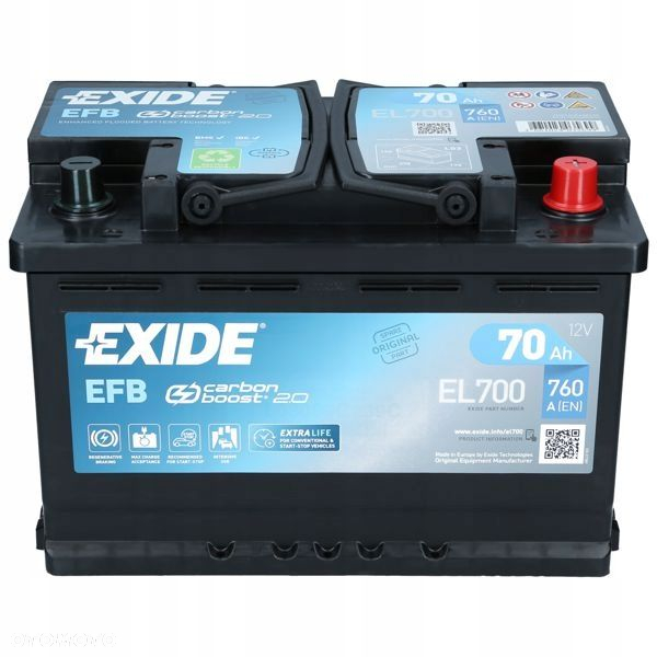 Akumulator Exide EL700 70Ah 720A L3 P EFB StartStop - 19,3 kg - 2
