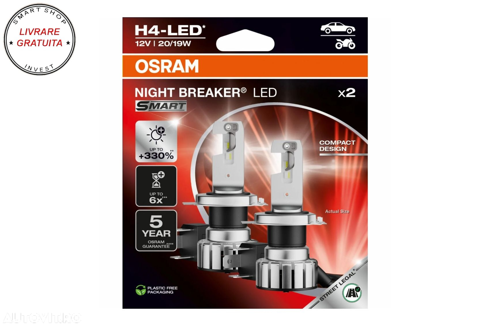 OSRAM NIGHT BREAKER LED SMART H4 64193DWNBSM-2HB20 Set 2 Becuri Auto Moto Omologar- livrare gratuita - 6