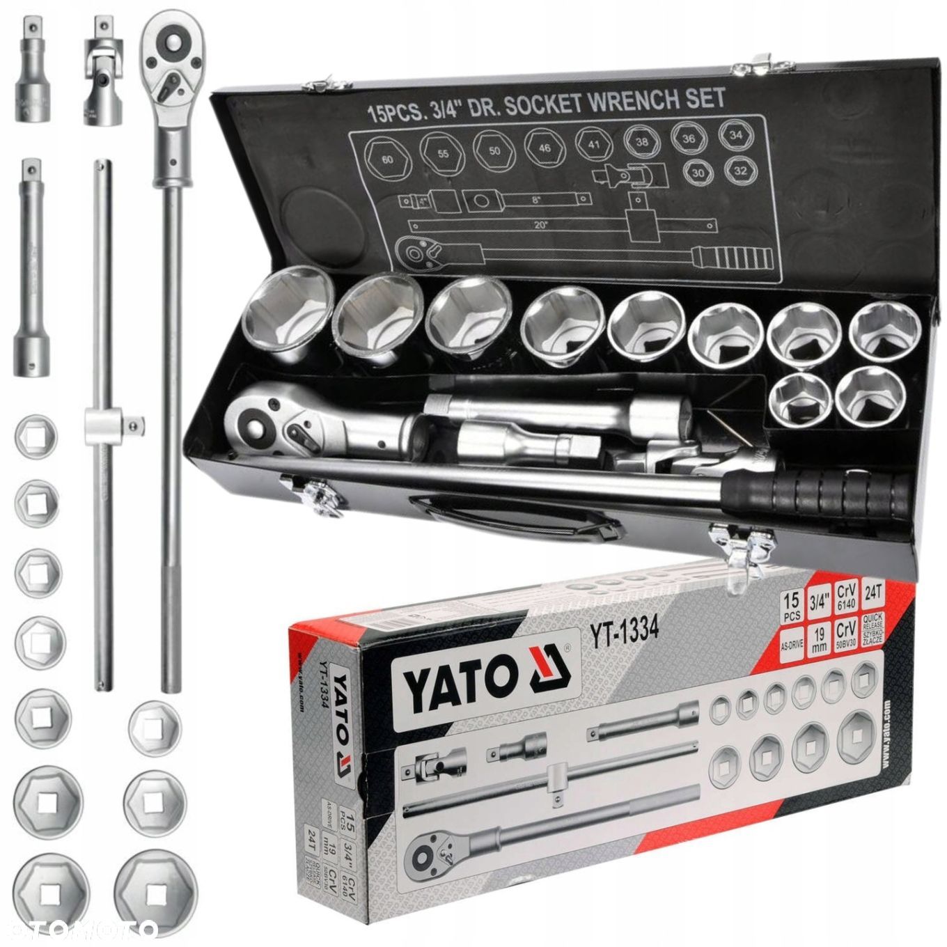 YATO ZESTAW KLUCZE NASADOWE 3/4" WALIZKA 15 ELEMENTÓW ZE STALI CRV YT-1334 - 1