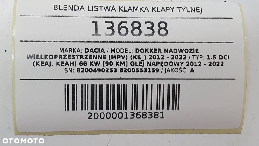BLENDA LISTWA KLAMKA KLAPY TYLNEJ DACIA DOKKER 8200490253 8200553159 - 7