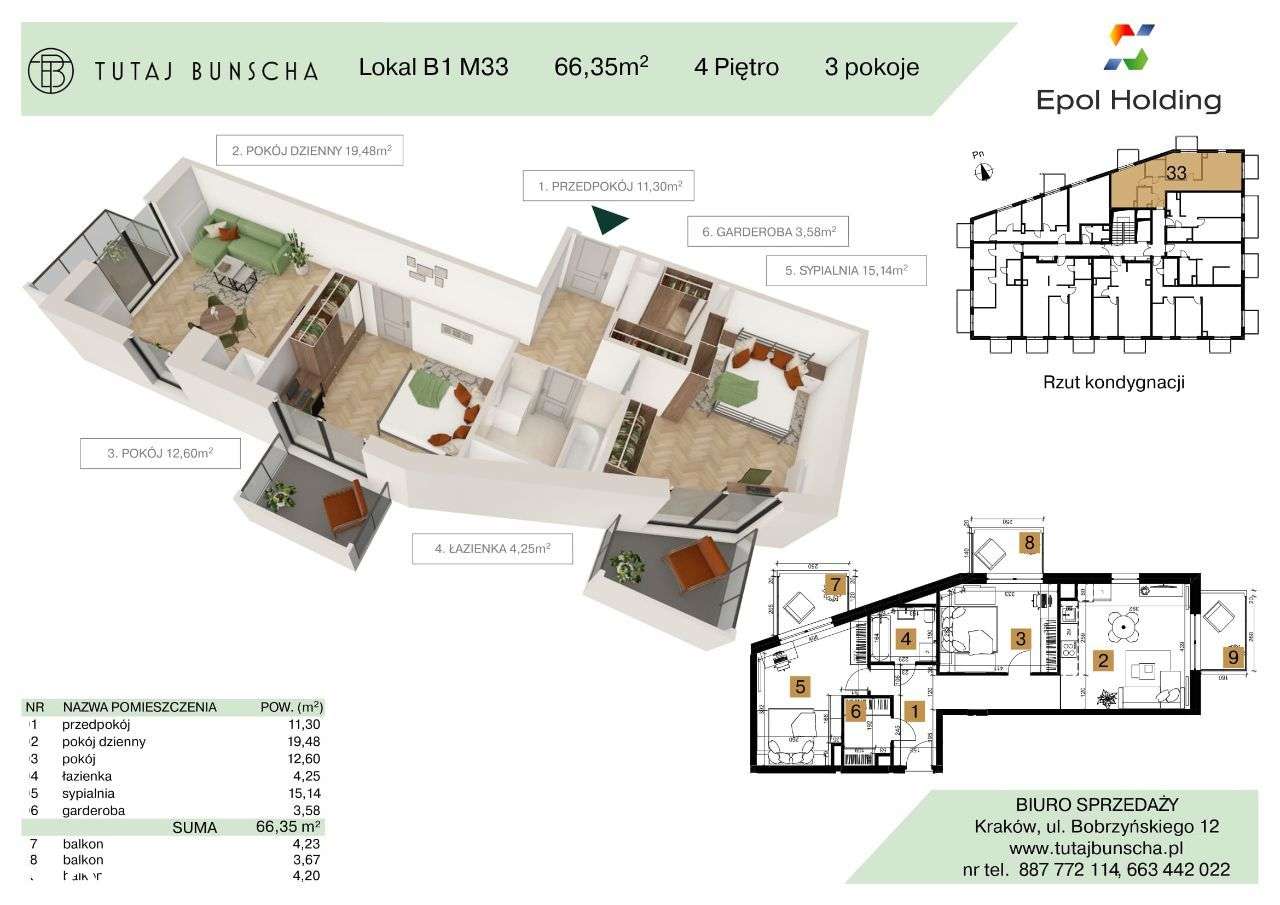 3-pokojowe mieszkanie 66 m2 + 3 balkony 4 i 3 i 4 m2, Bezpośrednio