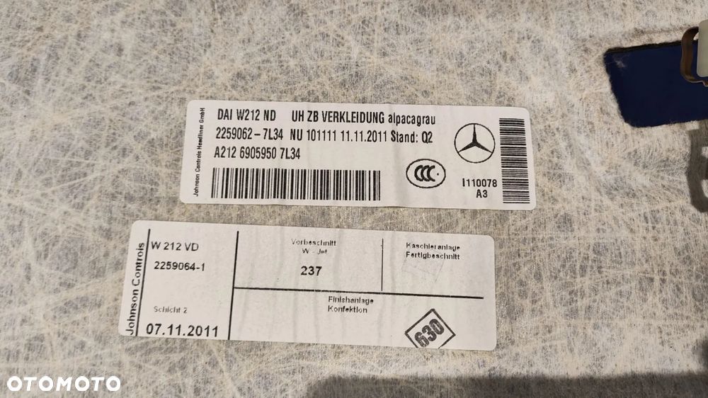 PODSUFITKA KOMPLETNA SZARA OSŁONA TAPICERKA SŁUPKA PRZÓD TYŁ ŚRODEK OSŁONY PRZECIWSŁONECZNE LAMPKA ŁADNY STAN CZYSTE MERCEDES W212 SEDAN - 10