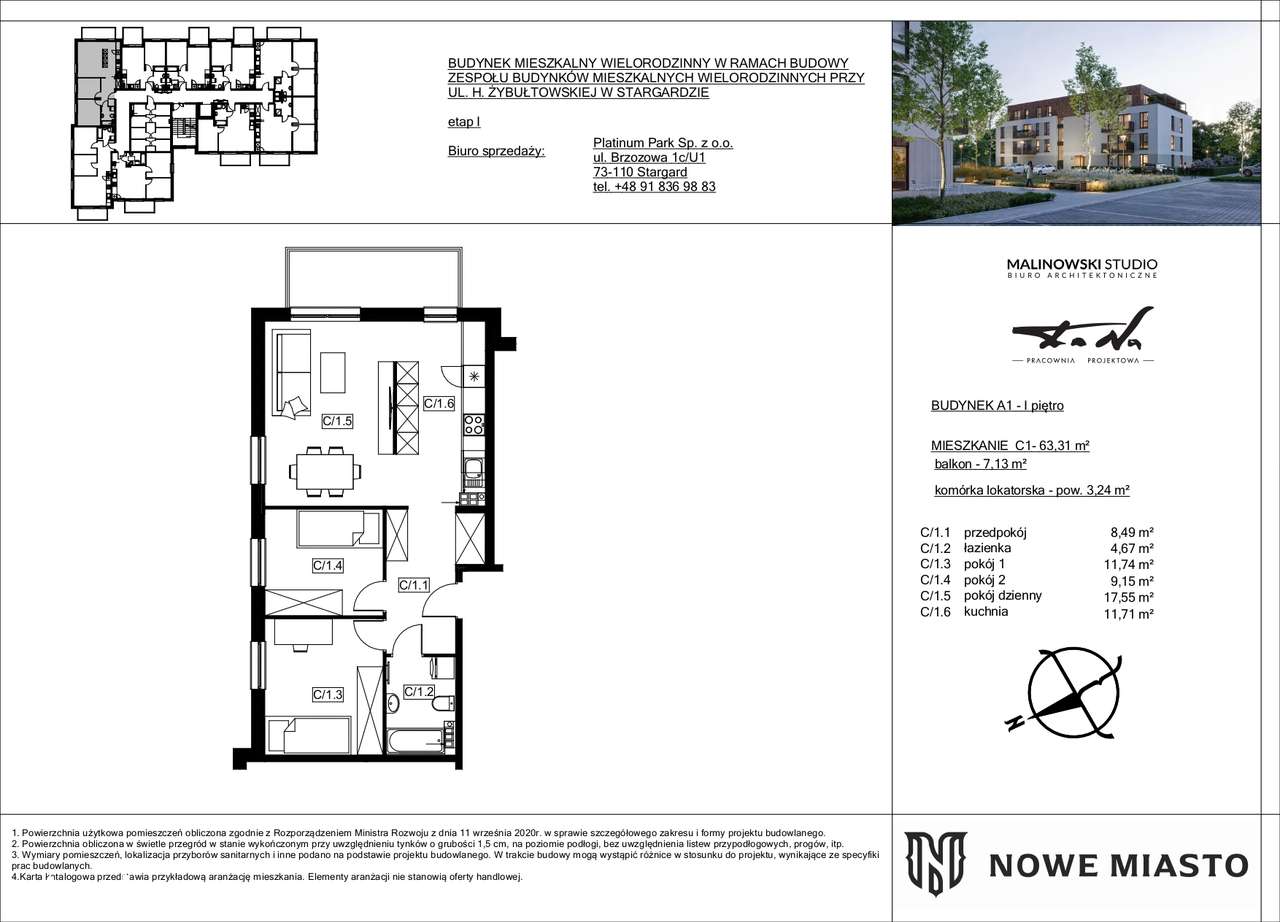 Mieszkanie C.1 w budynku A.1 - 63,31 m² z balkonem 7 m²