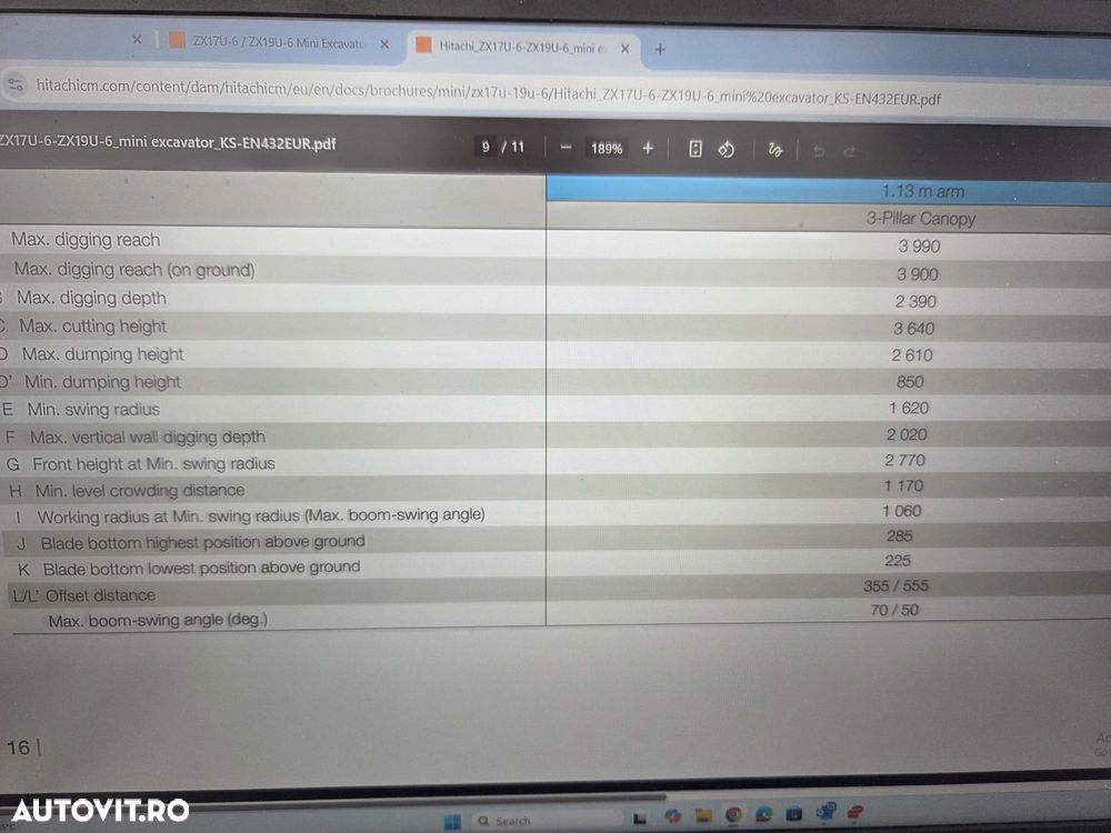 Hitachi ZX19U-6, 2tone, 2024, 539h, rotire in gabarit, Adanc sapare 2,5m, CUPLA RAPIDA+3 CUPE, Senile cauciuc 80% ok extensibile, latime 0,8m, inst picon, LAMA, produs in JAPONIA, sistem antifurt, posibilitate leasing 4ani-CA NOU-PROMOTIE 18.900 EUR+Tva - 39