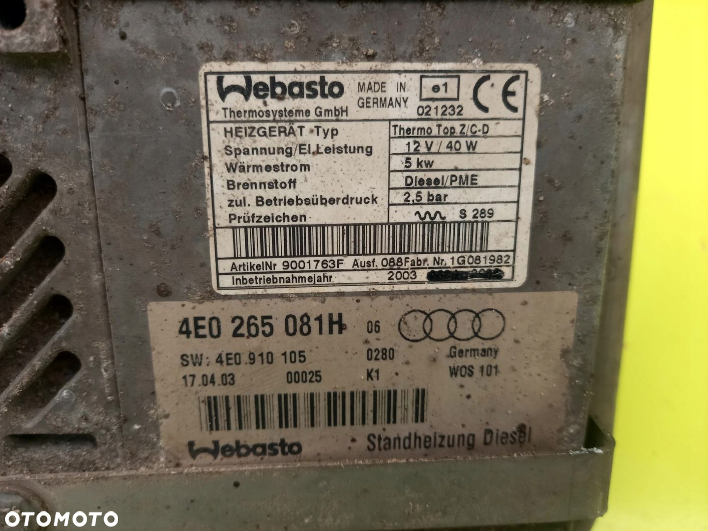 WEBASTO OGRZEWANIE 4E0265081H AUDI A8 D3 03R - 2