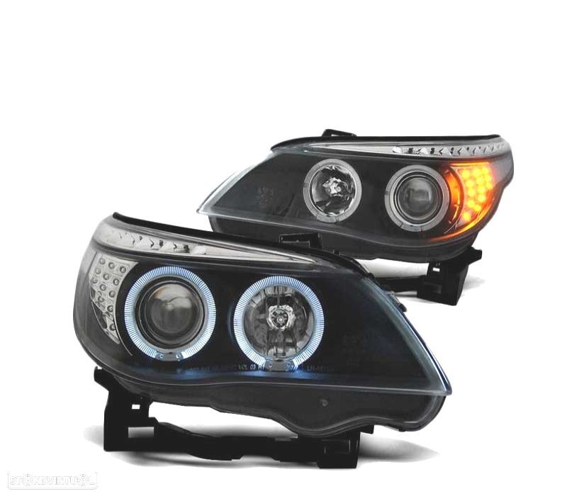 FARÓIS BMW E60 E61 03-07 LED ANGEL EYES BLACK PRETO - 2