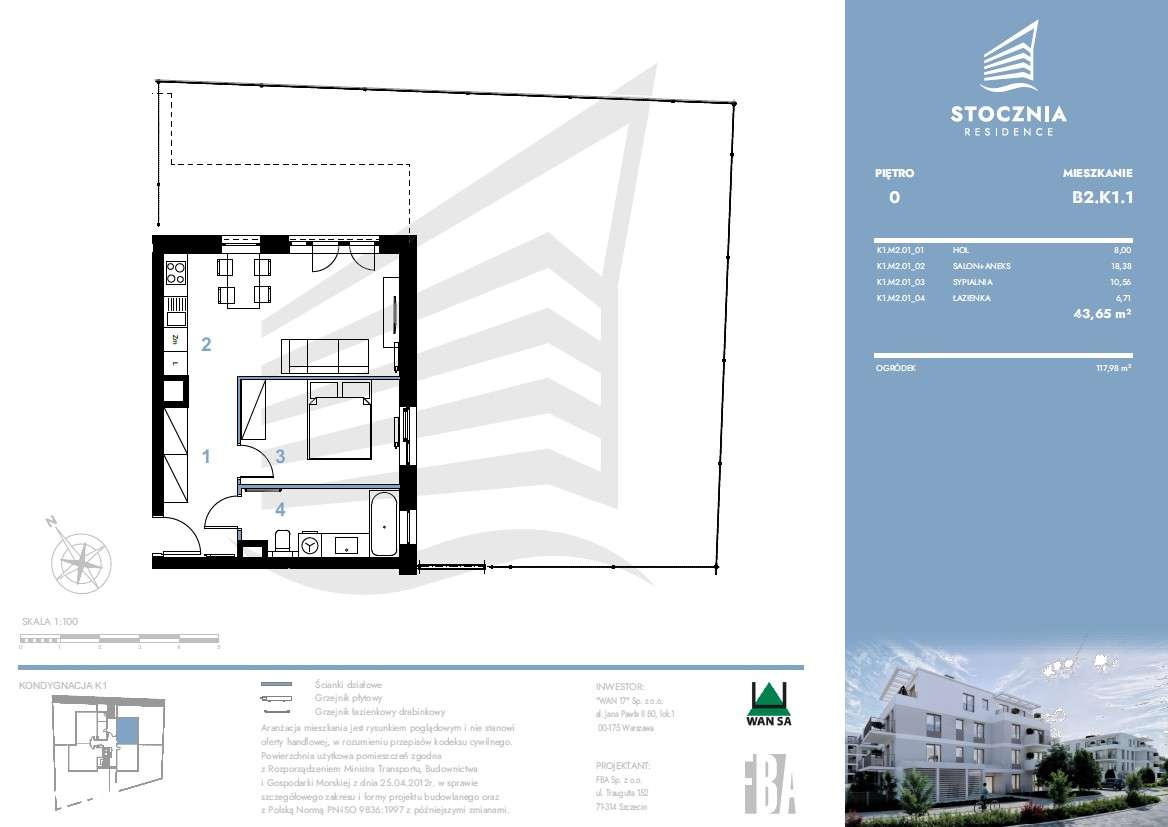 Mieszkanie 43,65 m2 + ogródek | Stocznia Residence