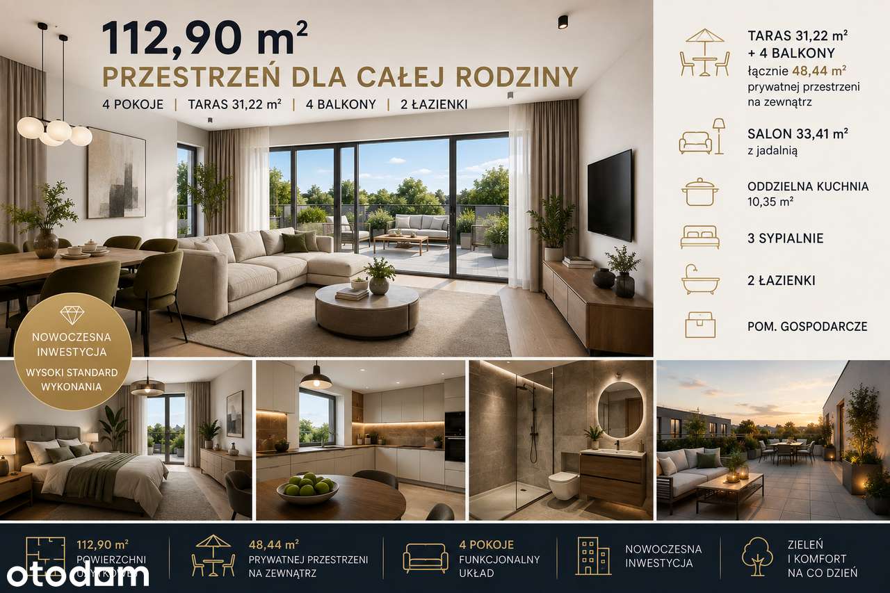 112,90 m² | 4 pokoje | 31 m² tarasu + balkony | Piątkowo