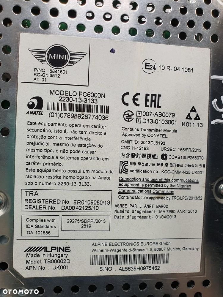 RADIO ALPINE MINI COOPER CLUBMAN F54 6841601 - 6