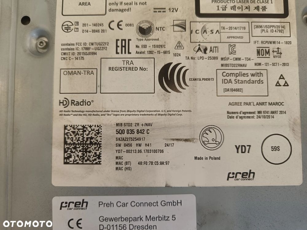 Czytnik kart Skoda Octavia 3 III Jednostka Radia Radio 5Q0035842C - 4