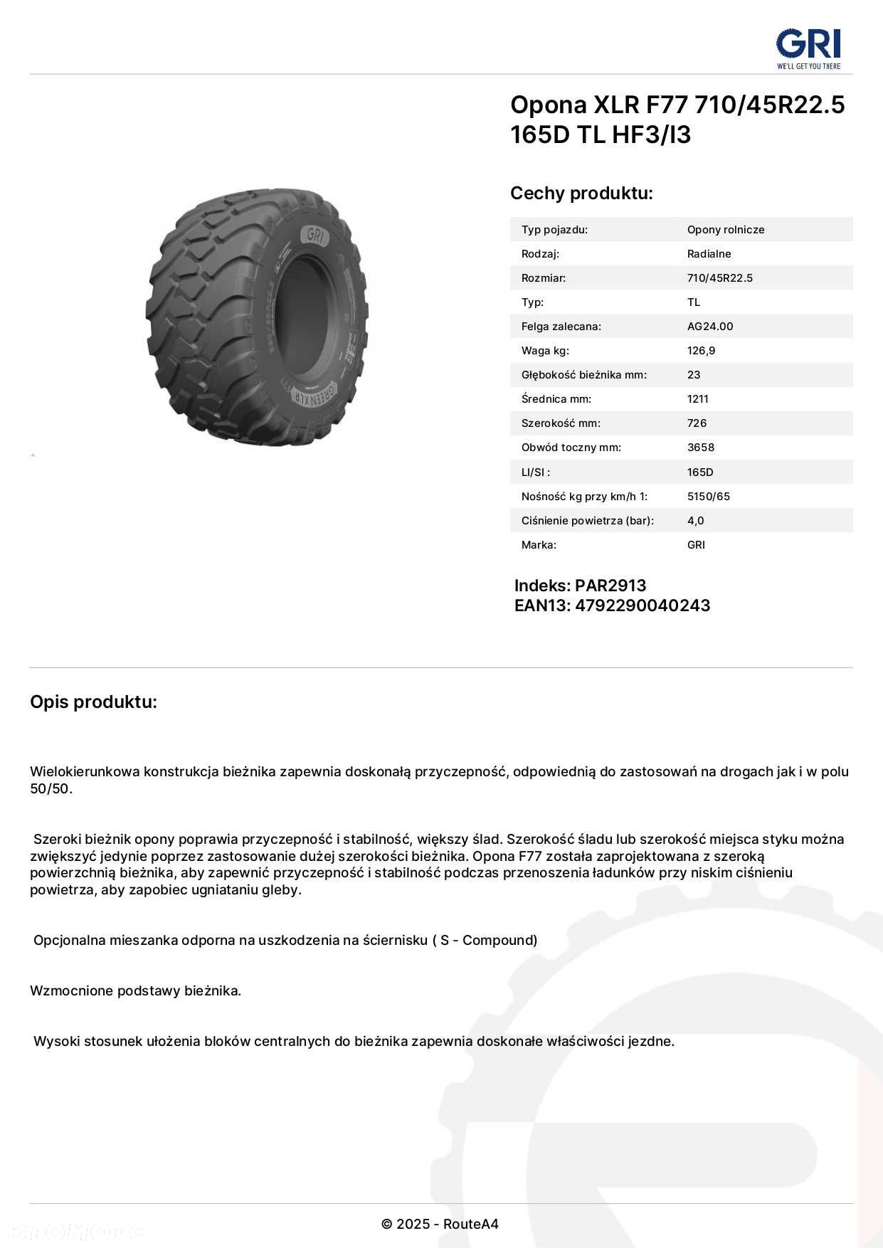 NOWE Opony 710/45R22.5 GRI XLR F77 Naturalny KAUCZUK - cena BRUTTO - 5