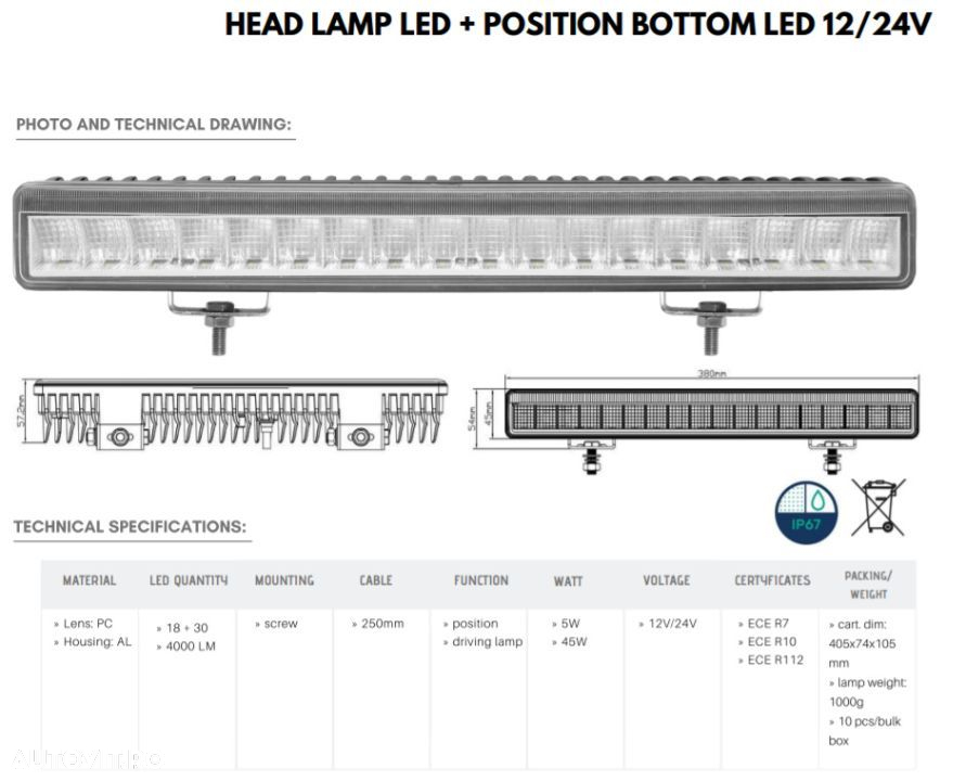Led Bar, Faza Lunga si pozitie LED, 380mm, Proiector 45W - 10