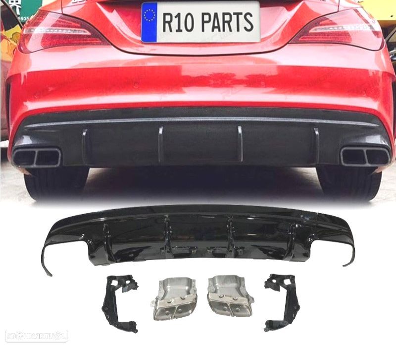 DIFUSOR TRASEIRO MERCEDES CLA W117 13-15 LOOK CLA45 PRETO BRILHANTE + SAÍDAS DE ESCAPE - 1