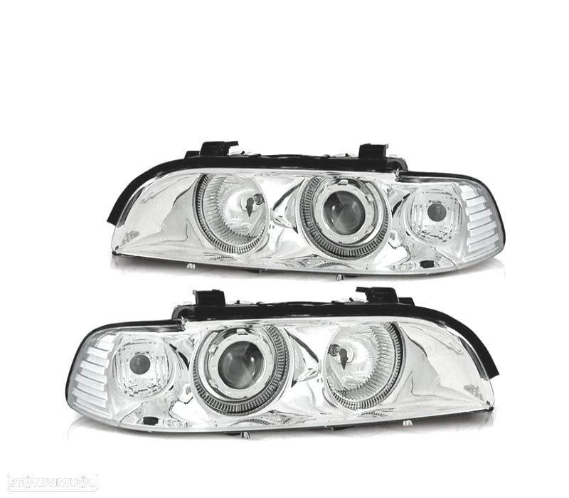 FARÓIS BMW E39 95-03 XENON ANGEL EYES FUNDO CROMADO - 1