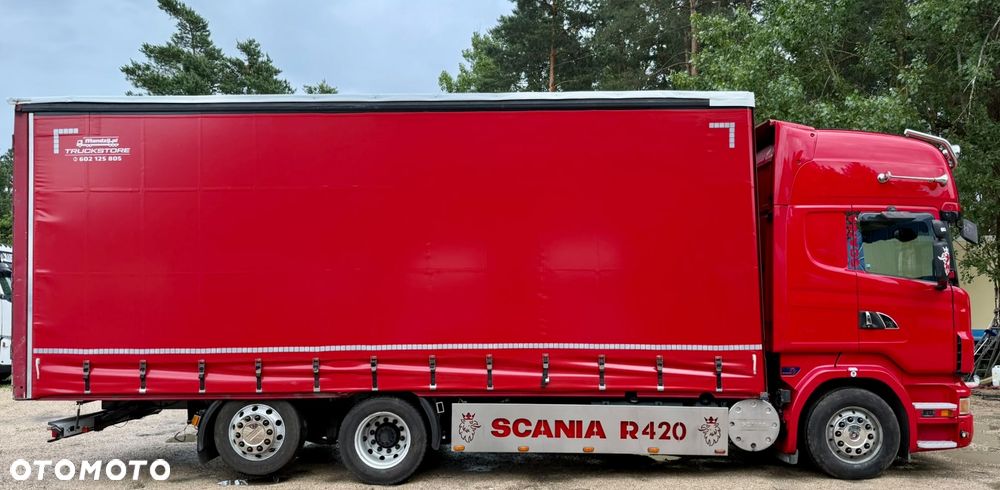 Scania R420 TOPLINE 6x2 JUMBO OŚ PODNOSZONA i SKRĘTNA ALUFELGI ZABUDOWA ALUMINIOWA FIRANKA DŁ:7.80m NOWA PLANDEKA!!!! MANUAL RETARDER KLIMA 2xALUTANK SKÓRA XENONY LEDY ORUROWANIE Z HALOGENAMI EURO 5 2008r WAGA:9600kg ŁADOWNOŚĆ:16400KG ŁADNA IGŁA - 7