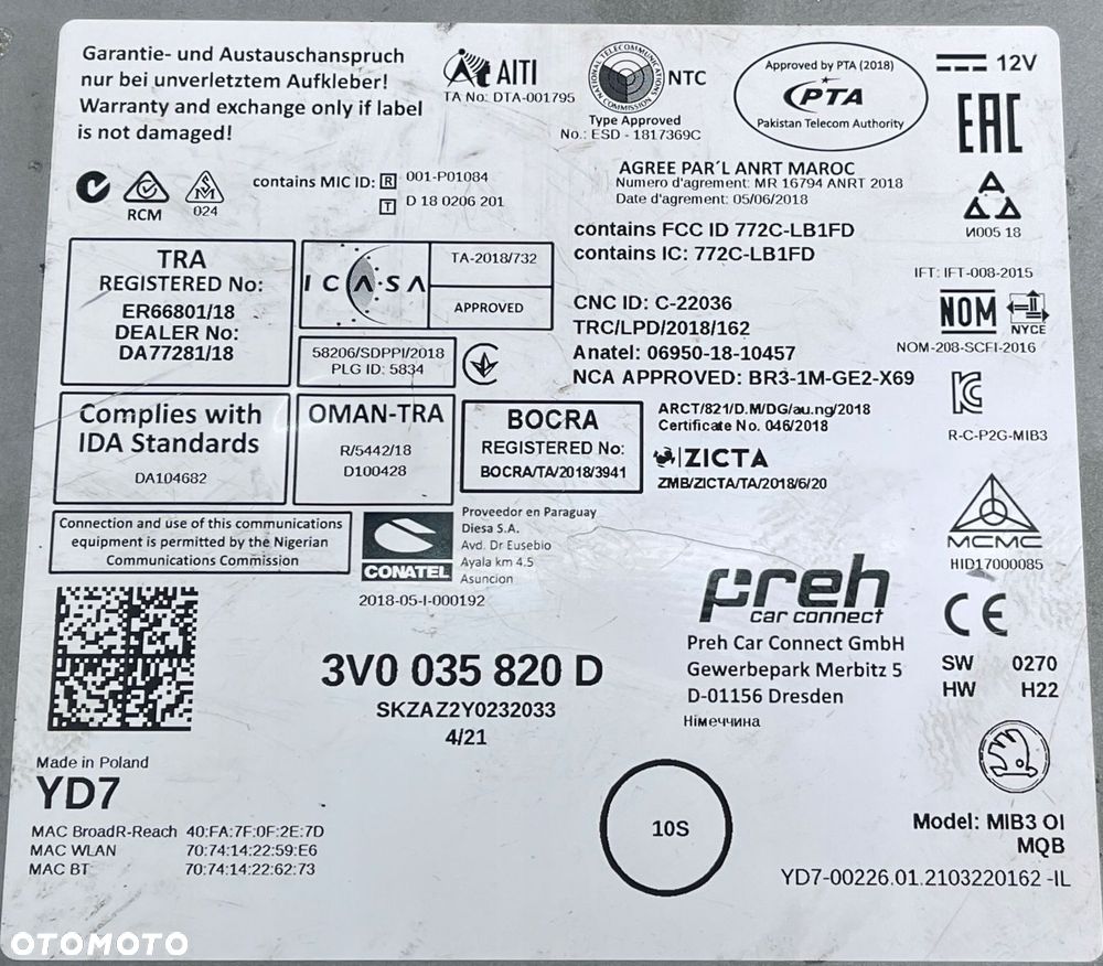 CZYTNIK MULTIMEDIA MIB3 SKODA 3V0035820H - 2