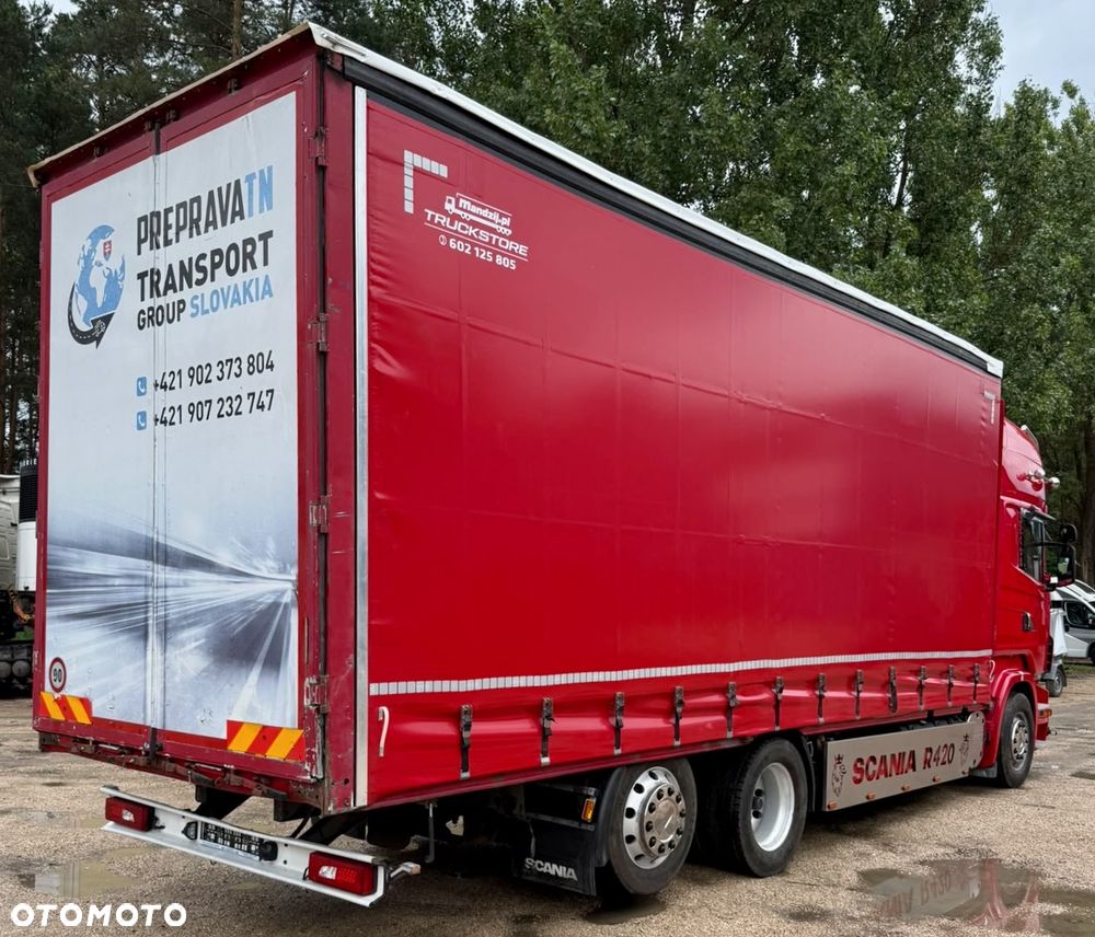 Scania R420 TOPLINE 6x2 JUMBO OŚ PODNOSZONA i SKRĘTNA ALUFELGI ZABUDOWA ALUMINIOWA FIRANKA DŁ:7.80m NOWA PLANDEKA!!!! MANUAL RETARDER KLIMA 2xALUTANK SKÓRA XENONY LEDY ORUROWANIE Z HALOGENAMI EURO 5 2008r WAGA:9600kg ŁADOWNOŚĆ:16400KG ŁADNA IGŁA - 10