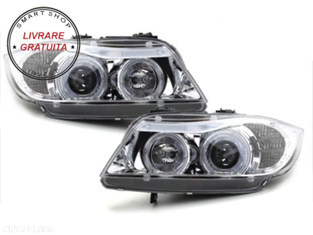 Faruri BMW Seria 3 E90 E91 (03.2005-08.2008) Angel Eyes Crom- livrare gratuita - 4