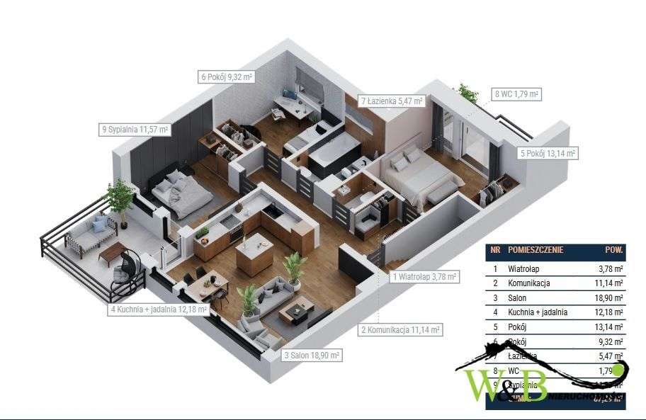 Apartament na piętrze z 2 balkonami.