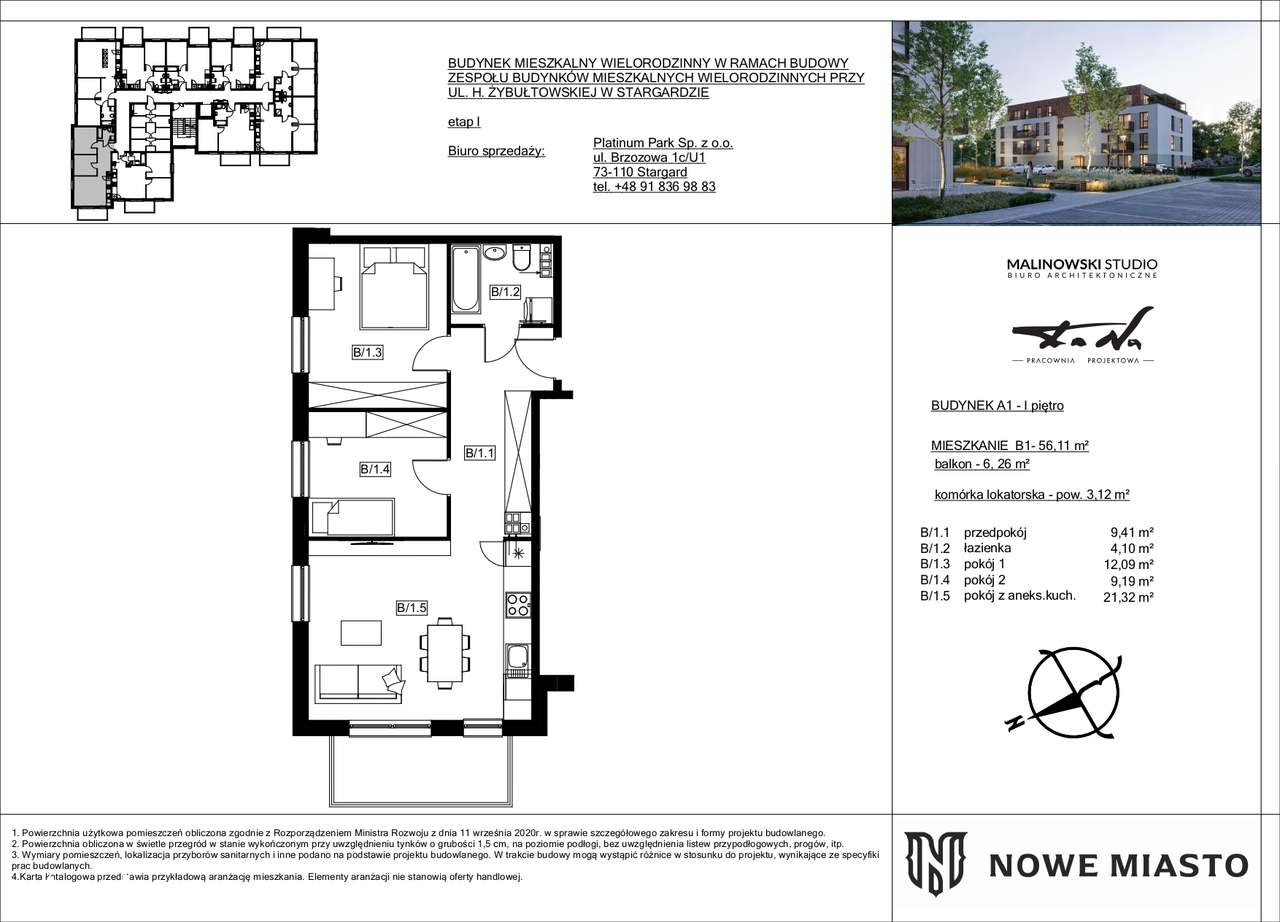 Mieszkanie B.1 w budynku A.1 - 56,11 m² z balkonem 6 m²