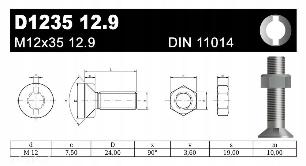 ŚRUBA PŁUŻNA 2 NOSKOWA D1235 M12x35 12.9 DIN11014 - 2