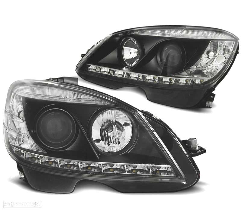 FARÓIS MERCEDES CLASSE C W204 07-11 LUZ DIURNA FUNDO NEGRO - 1
