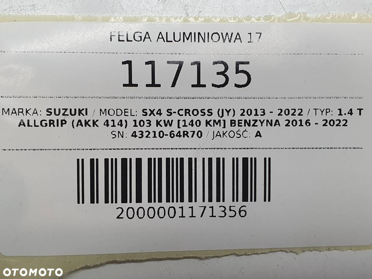 FELGA ALUMINIOWA 17 5X114,3 6,5J ET50 SUZUKI SX4 S-CROSS LIFT 43210-64R70 - 9