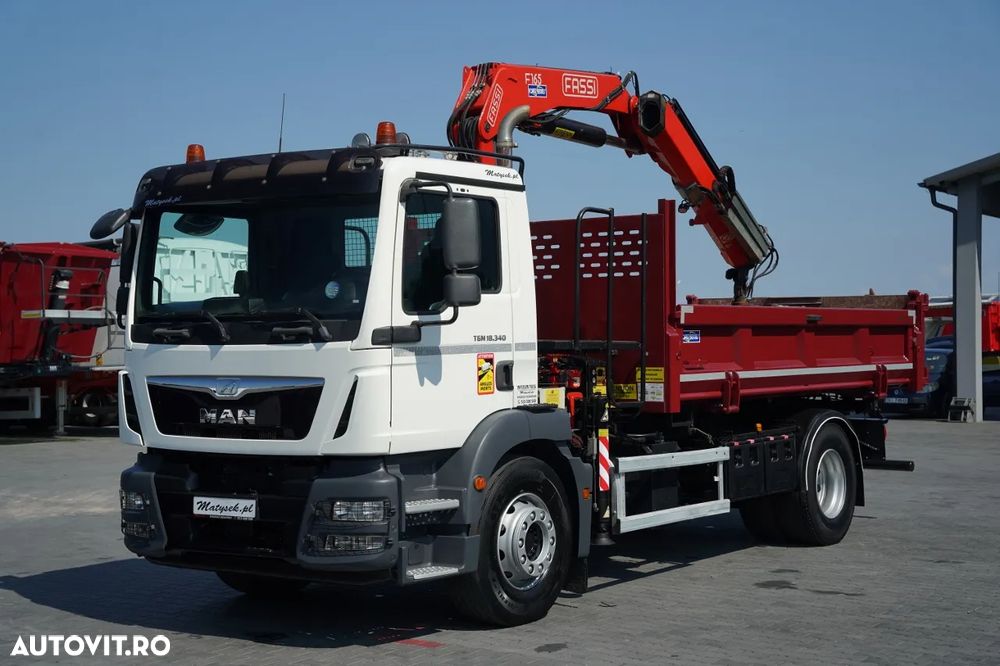 MAN TGM 18.340 / 4X2 / BASCĂLĂTOR 3 DIRECȚII / HIDRODOXIE LATERALĂ / BORDMATIC + HDS FASSI F165.0.22 / ROTATOR / GRAPER / TELECOMANDĂ / EURO - 10
