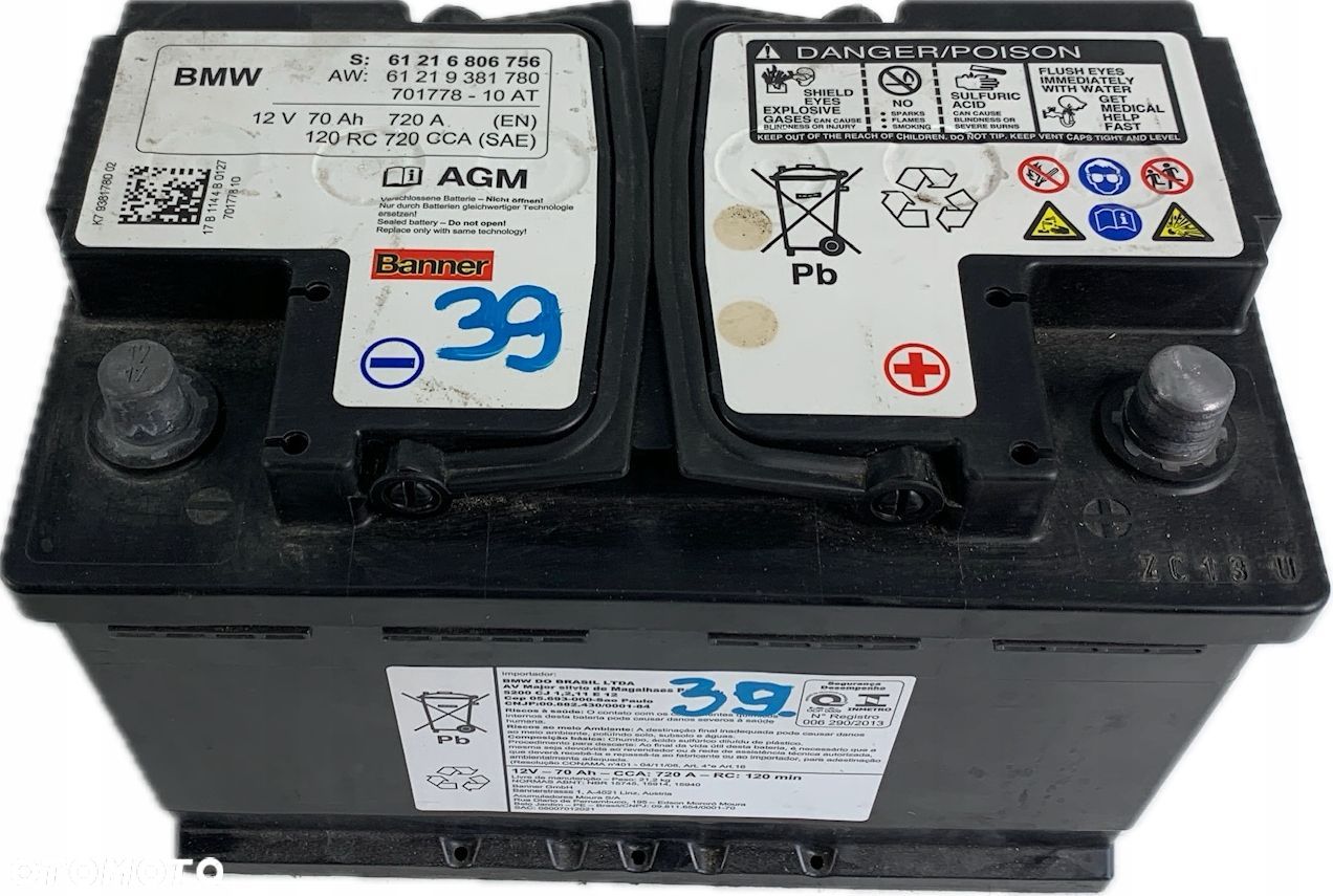 39 AKUMULATOR AGM BMW 70 Ah 720A 12V 2017 ROK 6806756 9381780 - 1