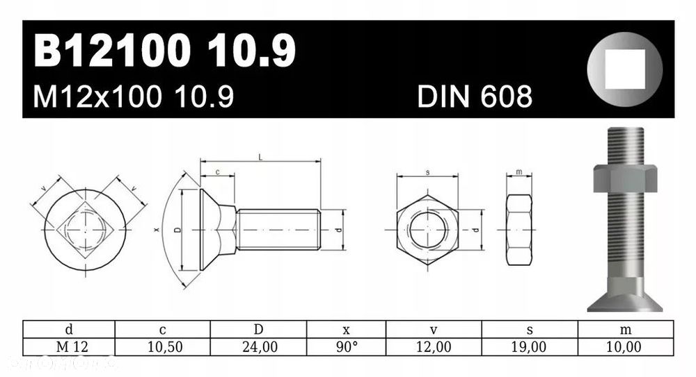 ŚRUBA PŁUŻNA B12100 M12x100 10.9 DIN608 - 2