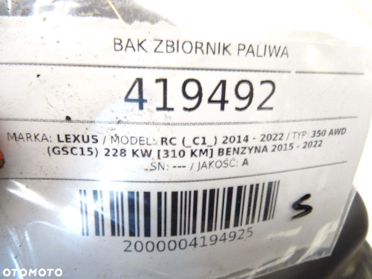 BAK ZBIORNIK PALIWA - 391.00 PLN - LEXUS RC (_C1_) 2014 - 2022 350 AWD (GSC15) 228 kW [310 KM] - 7