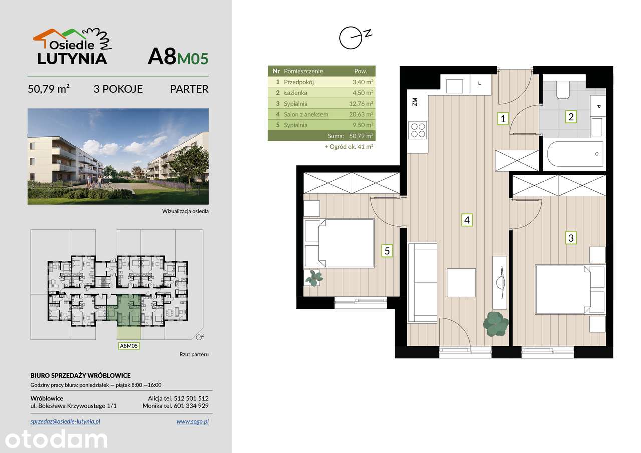 3 pokoje | 50,79 m² | ogród 41 m2 | stan deweloperski | parter