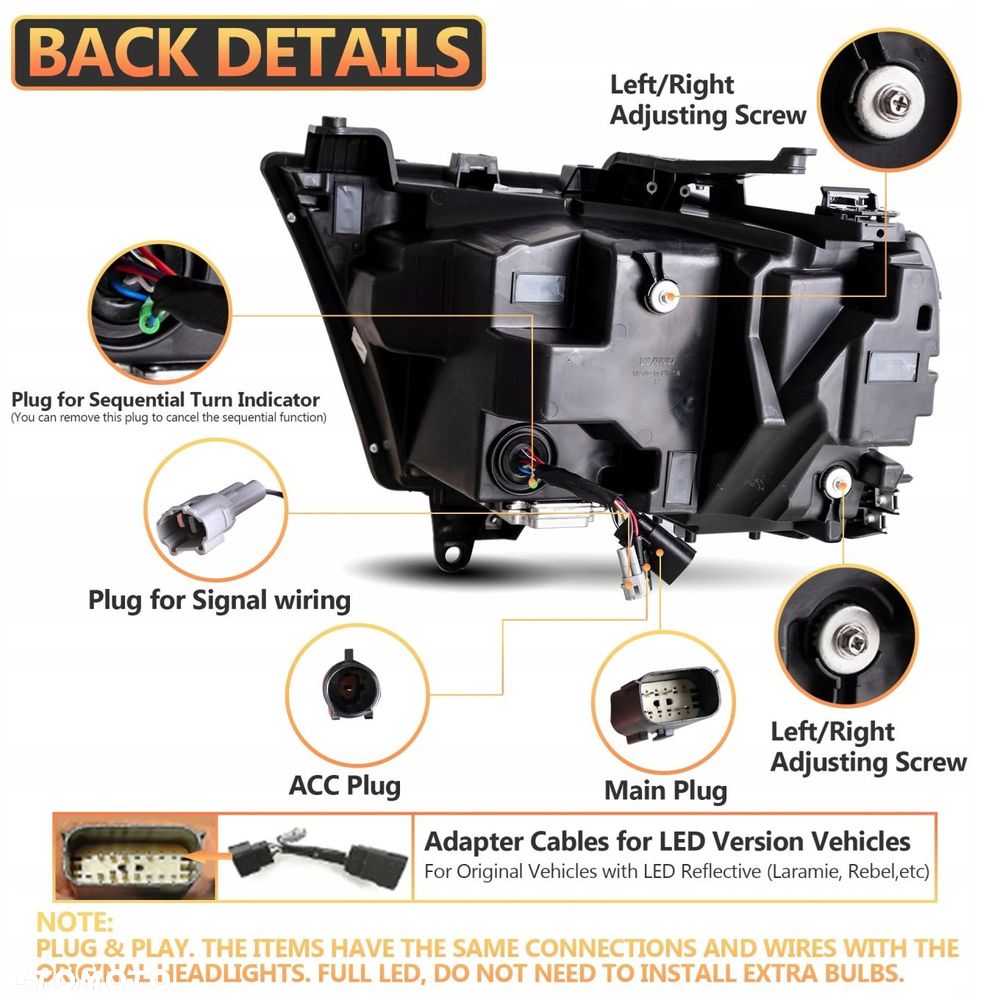 Reflektory Lampy Vland LED Europa 3-Soczewki Dodge Ram V 5 1500 2019-2024 - 10