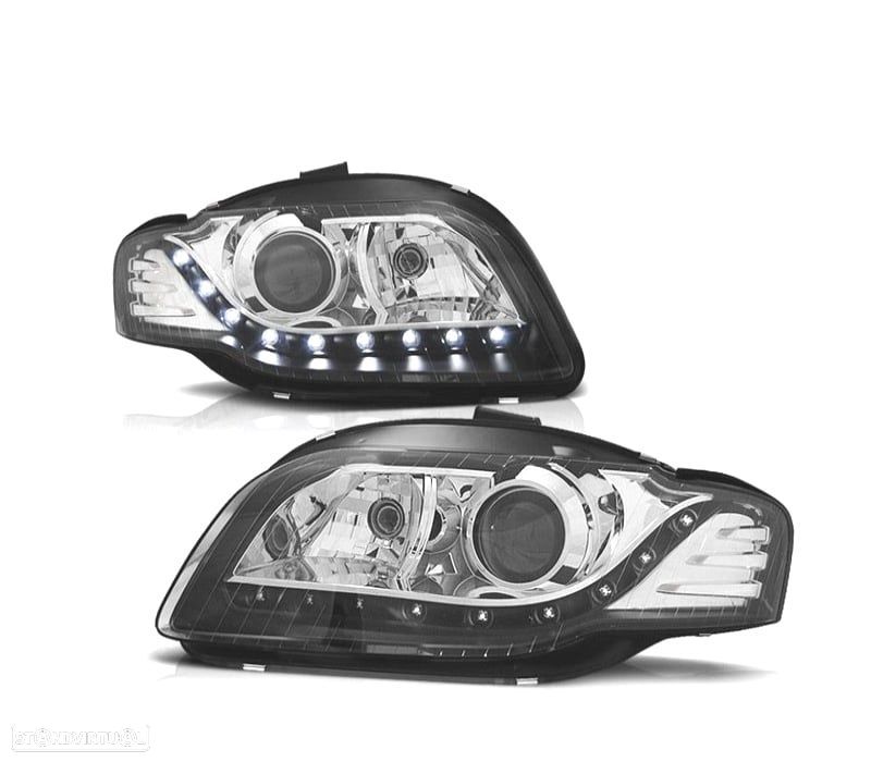 FARÓIS FRONTAIS AUDI A4 B7 04-07 LUZ DIURNA FUNDO PRETO CROMADO - 2