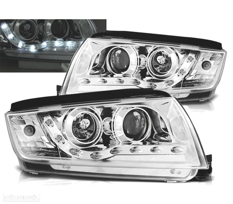 FARÓIS COM LUZ DIURNA LED SKODA FABIA 99-07 FUNDO CROMADO - 1