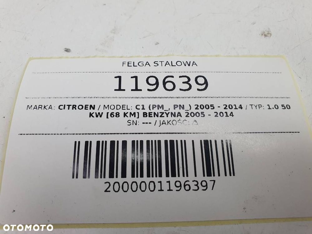 FELGA STALOWA 14'' ET39 4,5J CITROEN C1 107 AYGO 4X100 - 6