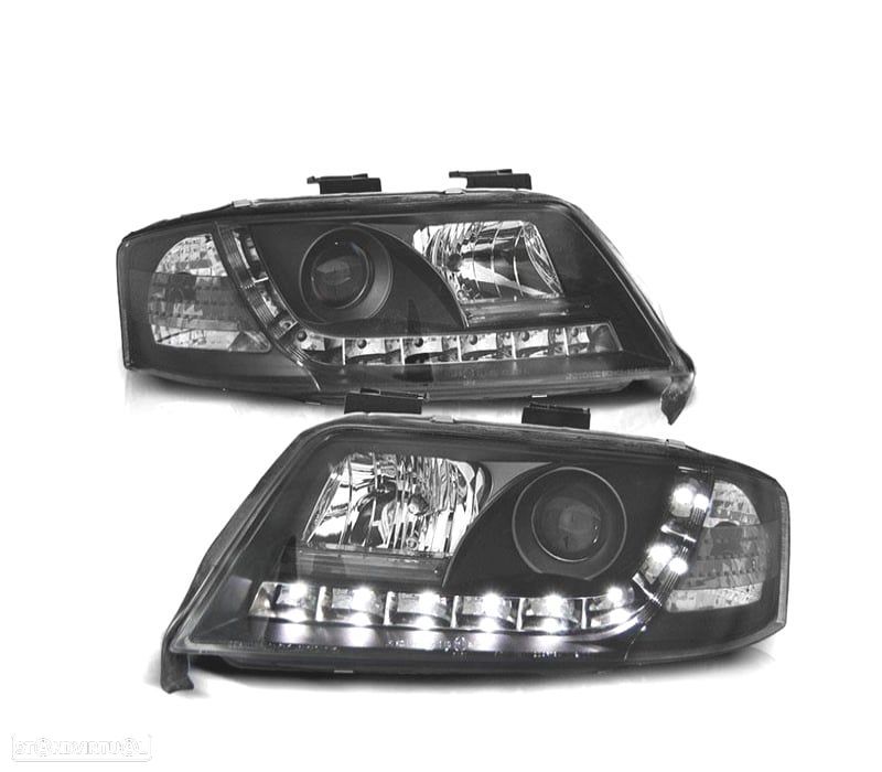 FARÓIS COM LUZ DIURNA LED AUDI A6 4B 97-01 FUNDO PRETO - 1