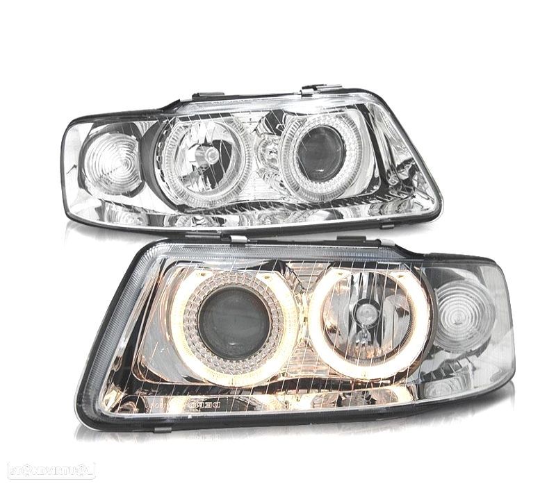 FARÓIS FRONTAIS AUDI A3 8L ANGEL EYES 9/00-3/03 FUNDO CROMADO - 1