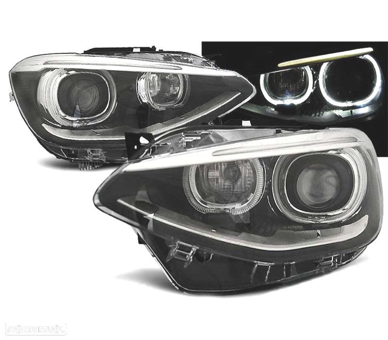 OTICAS FRONTAIS PARA BMW SERIE 1 F20 F21 OLHOS DE ANGEL LED FUNDO PRETO - 1