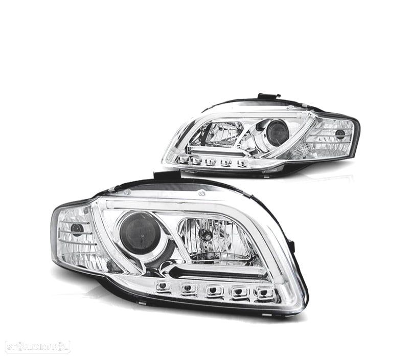 FARÓIS COM LUZ DIURNA TFL AUDI A4 B7 04-07 FUNDO CROMADO - 1