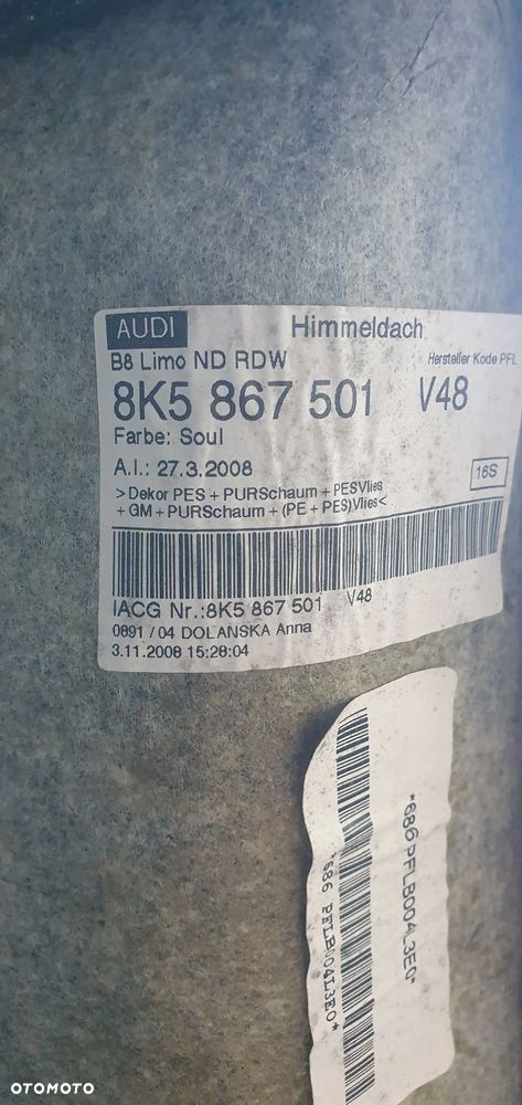 Tapicerka podsufitka S-Line Audi A4 B8 Sedan 8K5867501 - 12